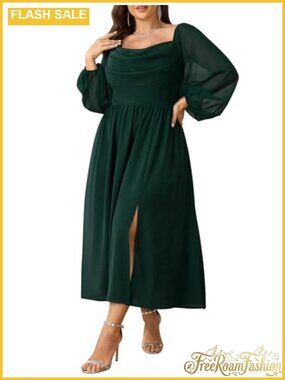 Plus Size Chiffon Long Sleeve Cowl Neck Maxi Dress